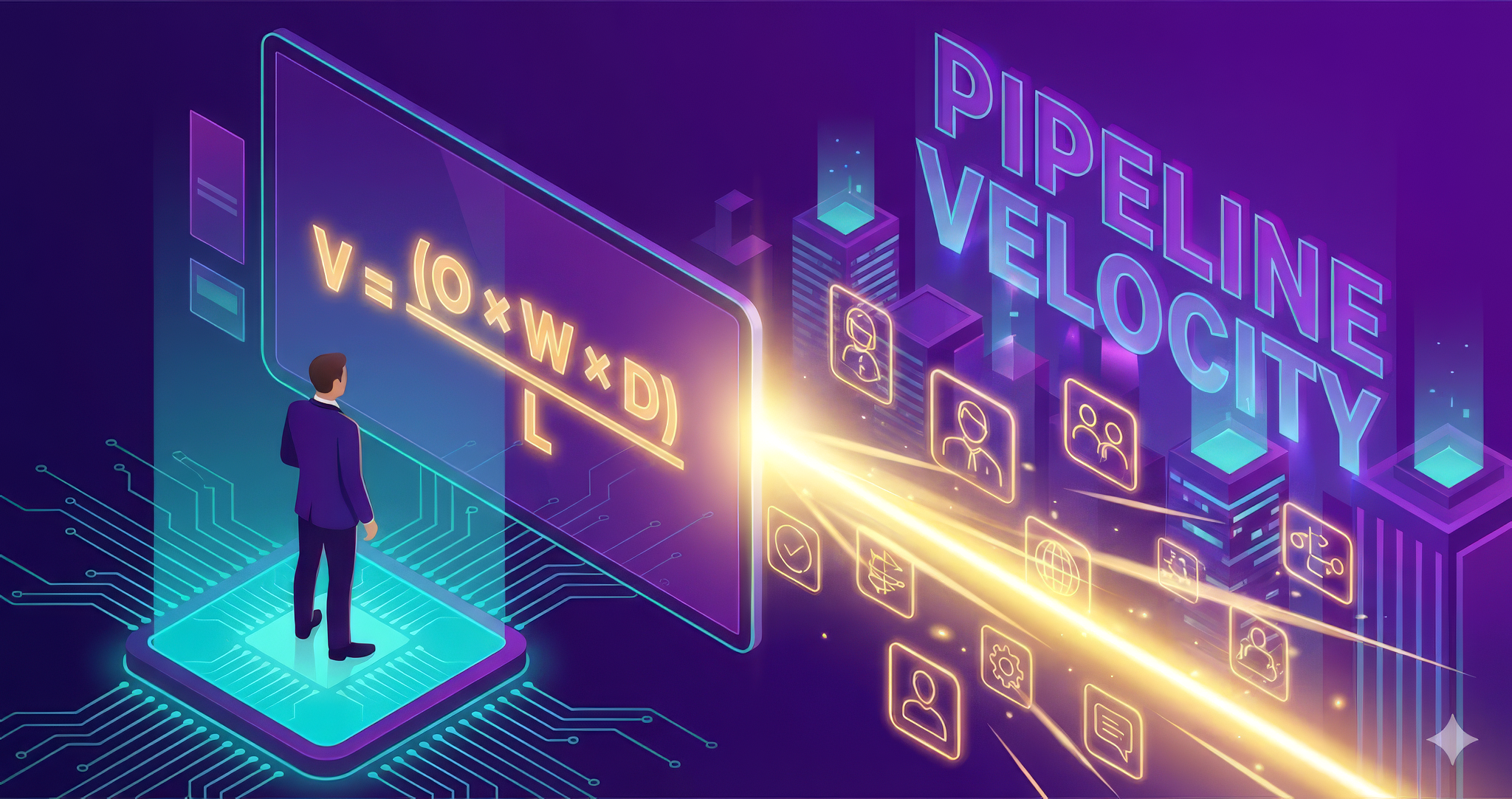 A vibrant cyber-vector illustration of a professional in a purple suit standing on a glowing teal circuit platform. He faces a large holographic screen displaying the Pipeline Velocity formula, $V = \frac{O \times W \times D}{L}$, in neon amber. A focused golden light beam shoots from the display through a group of glowing stakeholder icons against a futuristic dark purple cityscape. Bold, vertical neon teal text on the right side reads "PIPELINE VELOCITY".