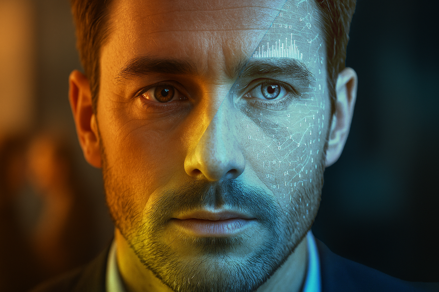 Futuristic portrait of a man with digital data overlay on his face, representing human intelligence and AI integration in cybersecurity and data analysis.