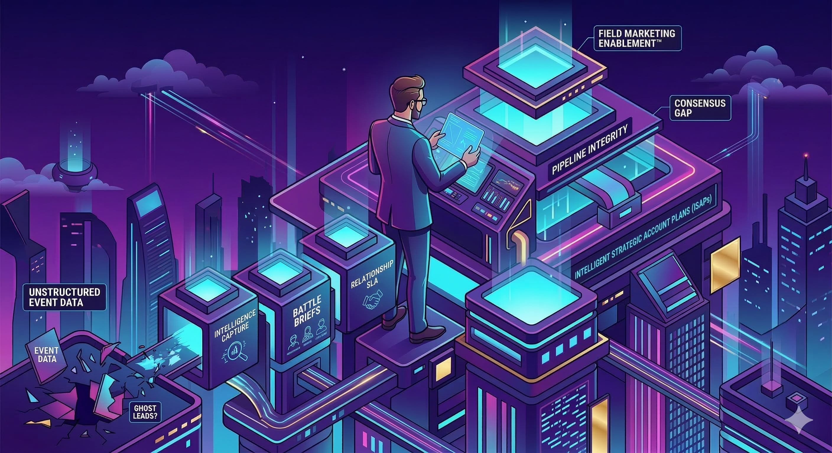 An isometric, high-tech diagram in a cyberpunk city style, featuring a businessman in a blue suit viewing a tablet. He stands on a series of linked, glowing modules.