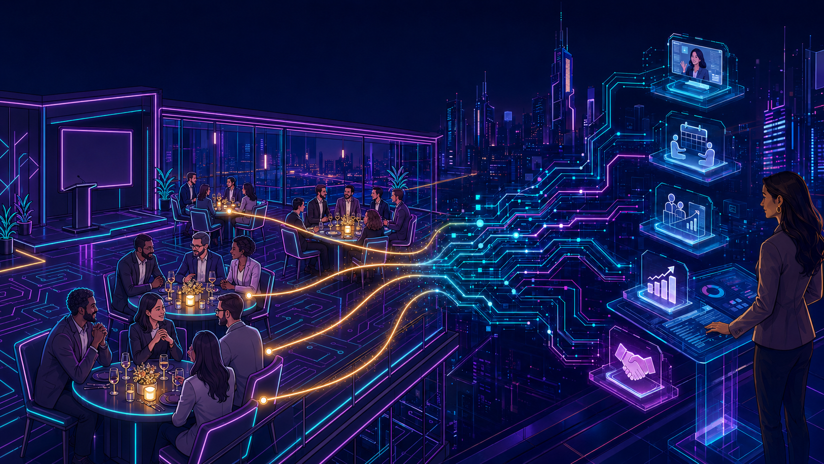 Futuristic dinner with data connections gathered from that dinner.