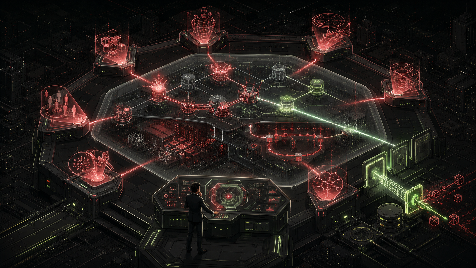 A human reviews a data system surrounded by eight red holographic AI stations, while a green safeguard blocks corrupted information.