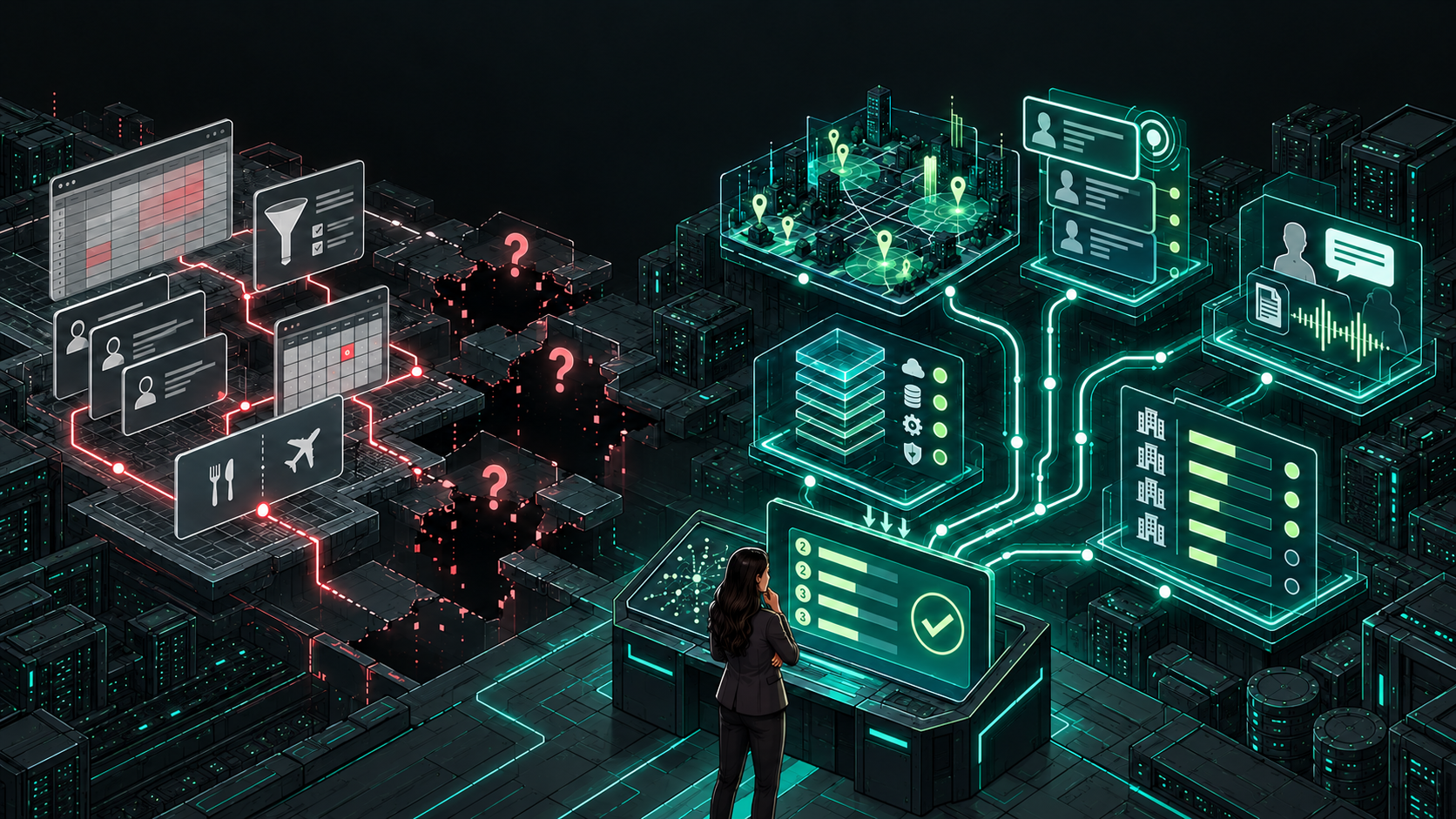Isometric illustration of a dark, futuristic data city split in two. On the left, disconnected gray panels (a spreadsheet with red cells, a funnel checklist, contact cards, a calendar, and dining and travel icons) are linked by red dashed lines that lead to broken, crumbling ground marked with red question marks. On the right, glowing green panels (a map with location pins, contact profiles, a database stack, an interview transcript with an audio waveform, and a company list with progress bars) connect through green circuit lines into a central console showing a ranked list and a checkmark. A woman in a dark suit stands at the console with her hand on her chin, thinking.
