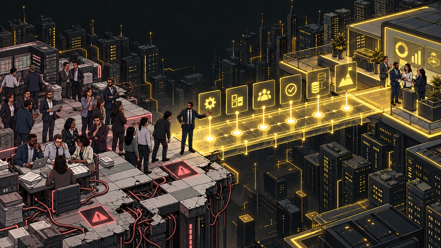 A large buying committee stands on a cracked spreadsheet platform while a glowing yellow bridge maps a clear path toward a modern replacement system.