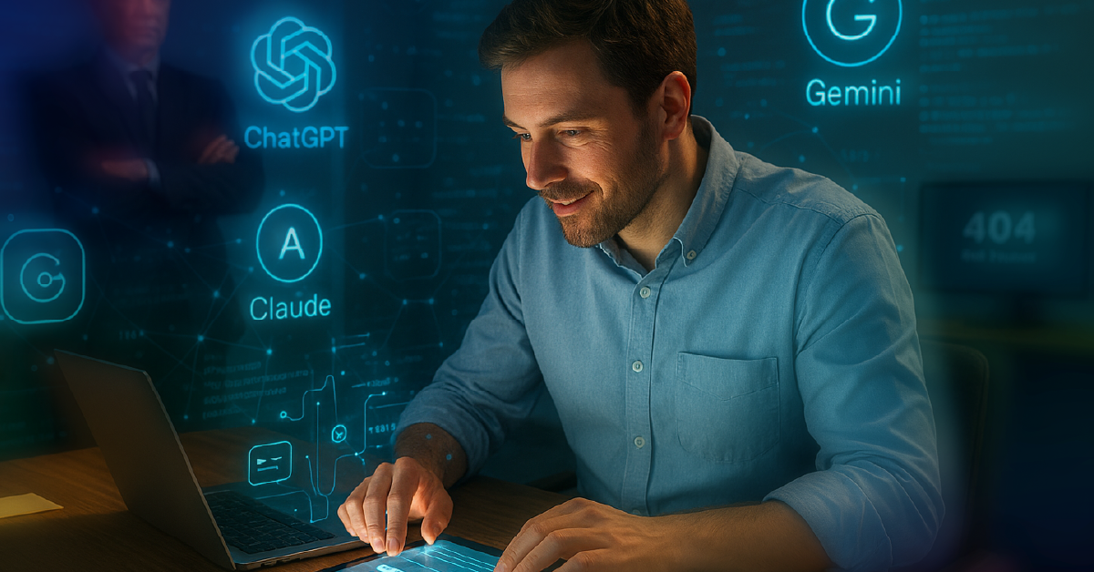 A man on his tablet working with AI programs.