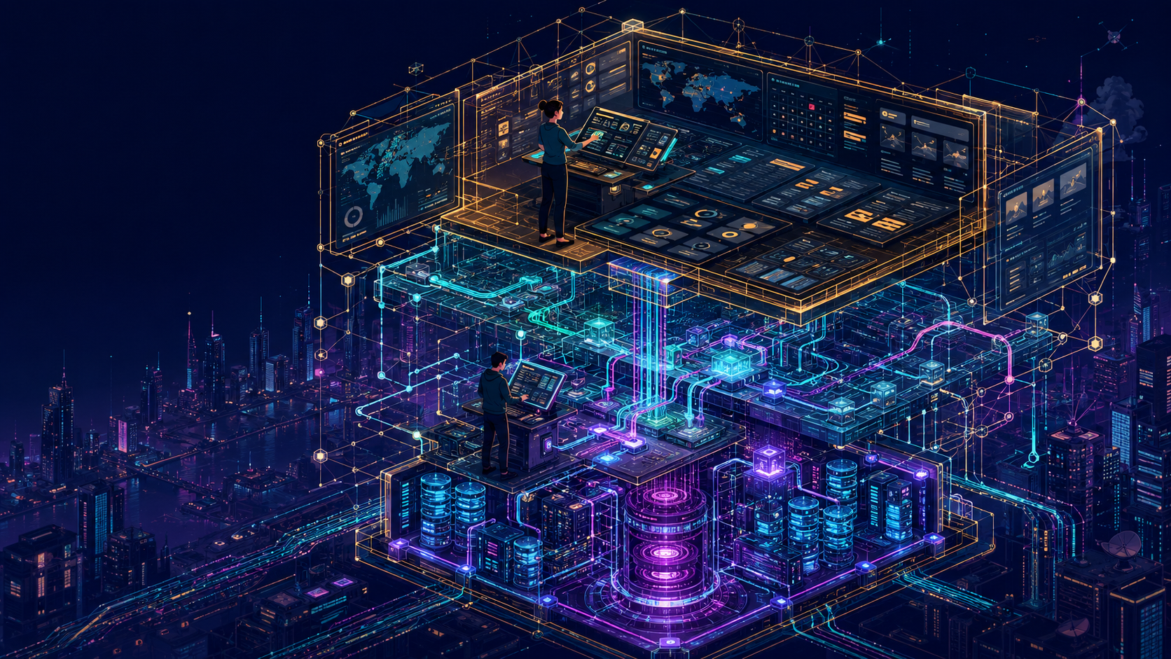 Two professionals build a futuristic, neon-lit intelligence portal shown in layers, from dashboards and interface design to API connections, data infrastructure, and database systems.