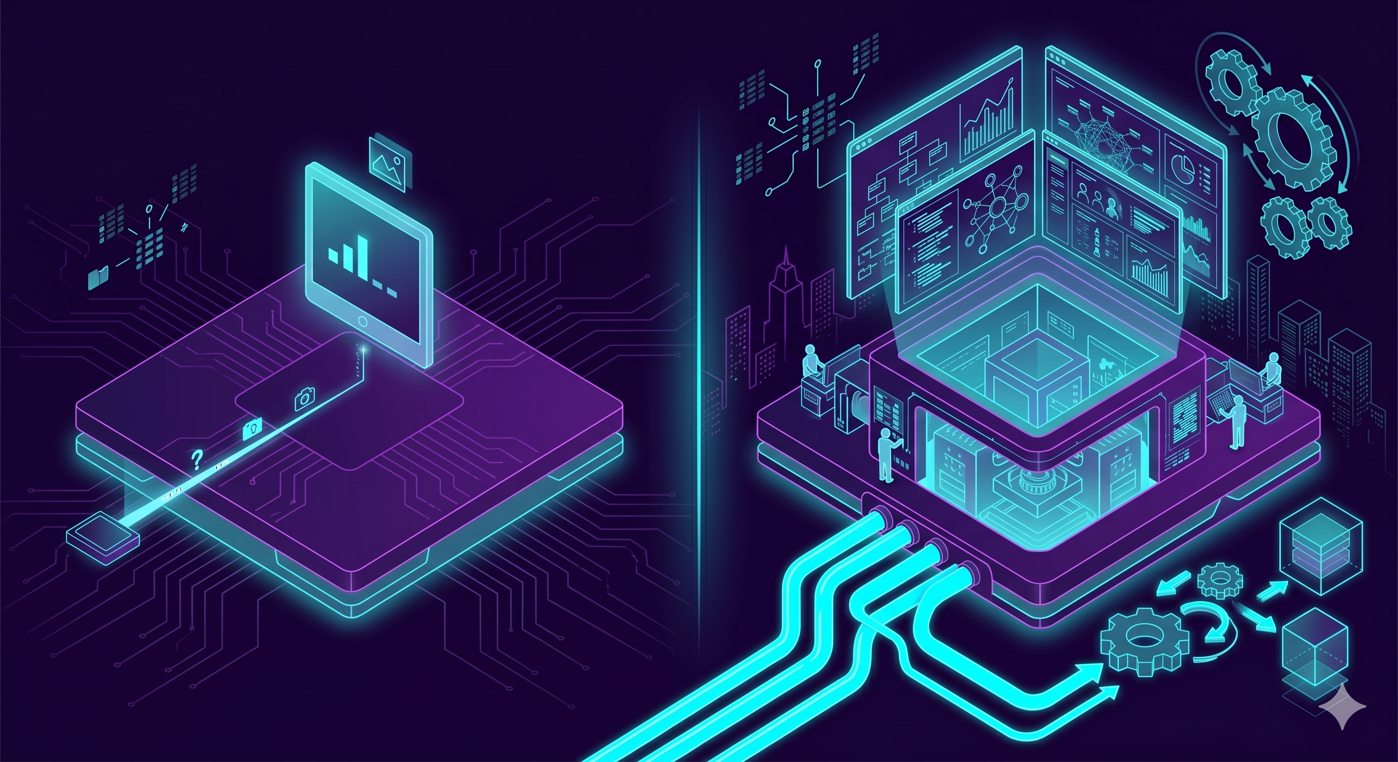 An isometric vector illustration with a neon cyan and purple color palette on a dark background, depicting a visual metaphor comparing two technological systems. On the left side, a simple flat processing chip holds a monitor displaying a basic bar graph, representing a surface-level, minimalist AI system. On the right side, a massive, multi-layered cube structure represents a deep intelligence product, featuring glowing holographic screens with intricate charts, network diagrams, glowing blue data streams flowing through pipes into its base, turning gears, and tiny stylized human figures operating the complex infrastructure.