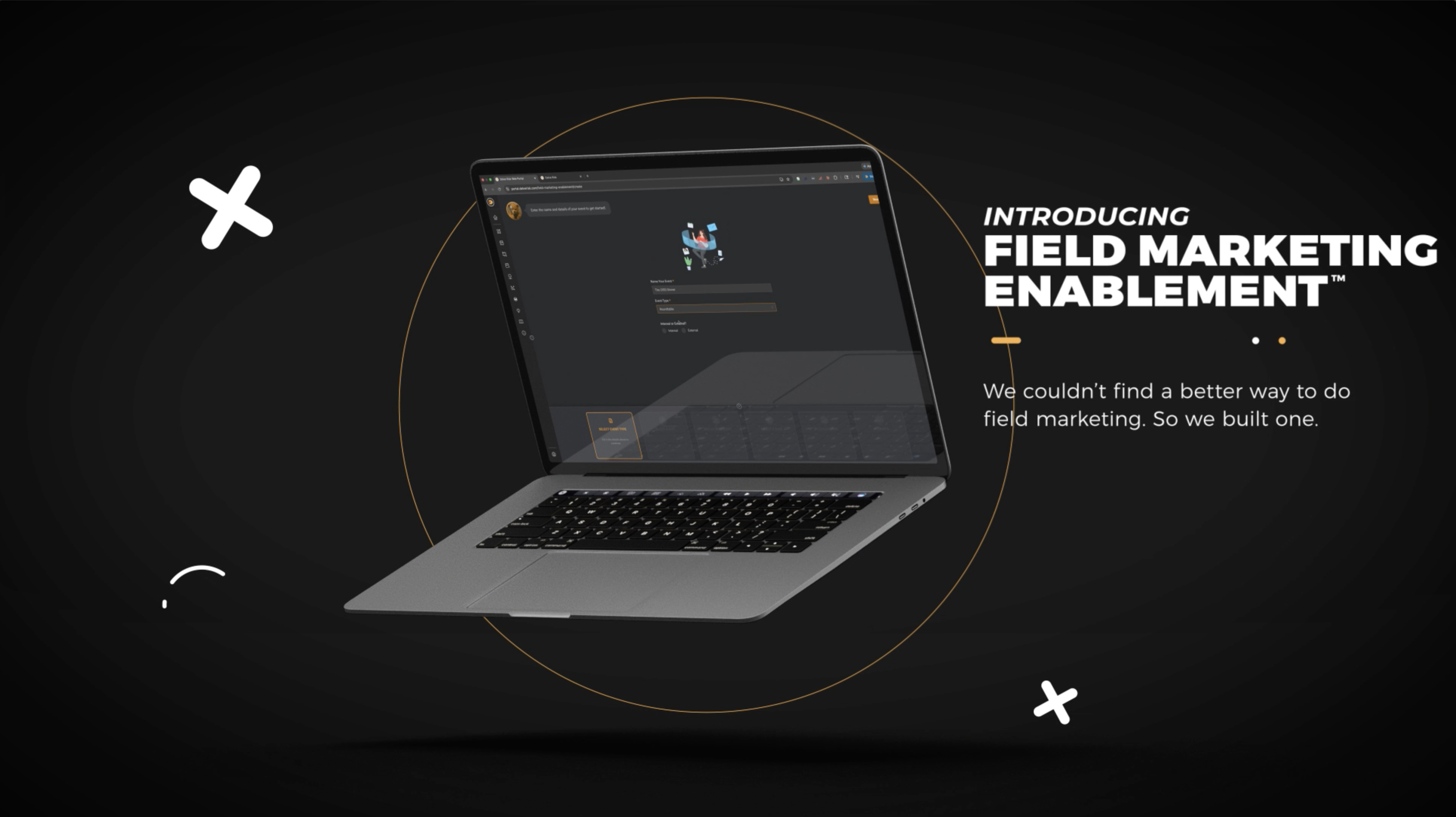 A laptop floating. Field Marketing Enablementtm.